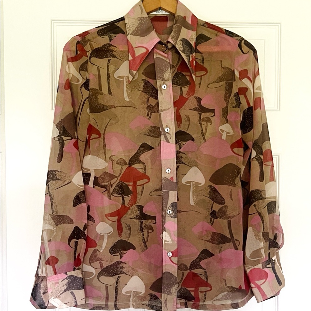 Vintage Rare Loubella Extendables Mushroom Pattern Sheer Button-Up Shirt